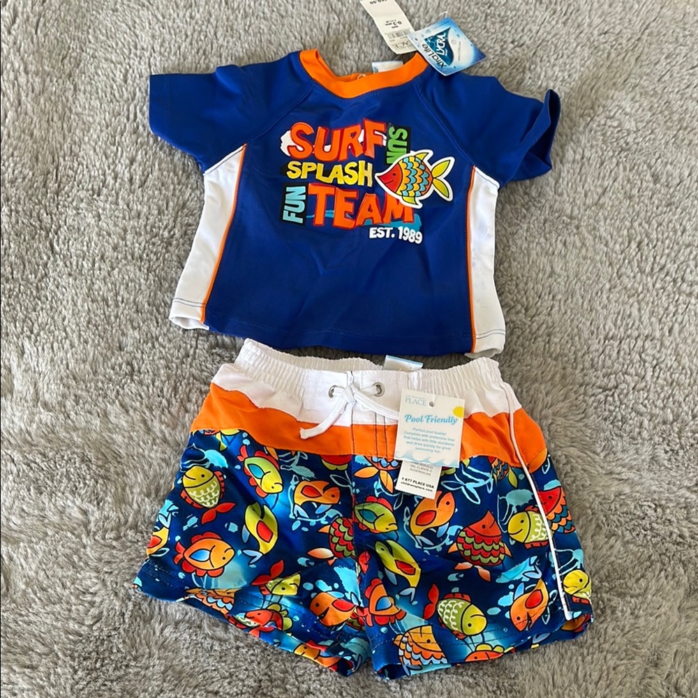 Vintage The Children’s Place Kids Swim Set Sz 0/3M Fish Blue and Orange NEW